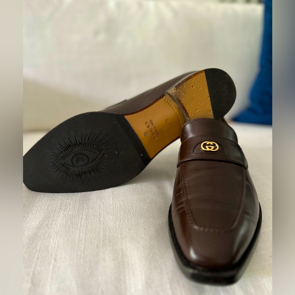 Gucci Mens 669815 Brown Leather GG Loafers